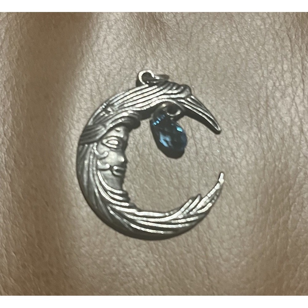 Crescent Moon Face Pendant Blue Teardrop Bead Silver Tone Celestial Whimsigoth